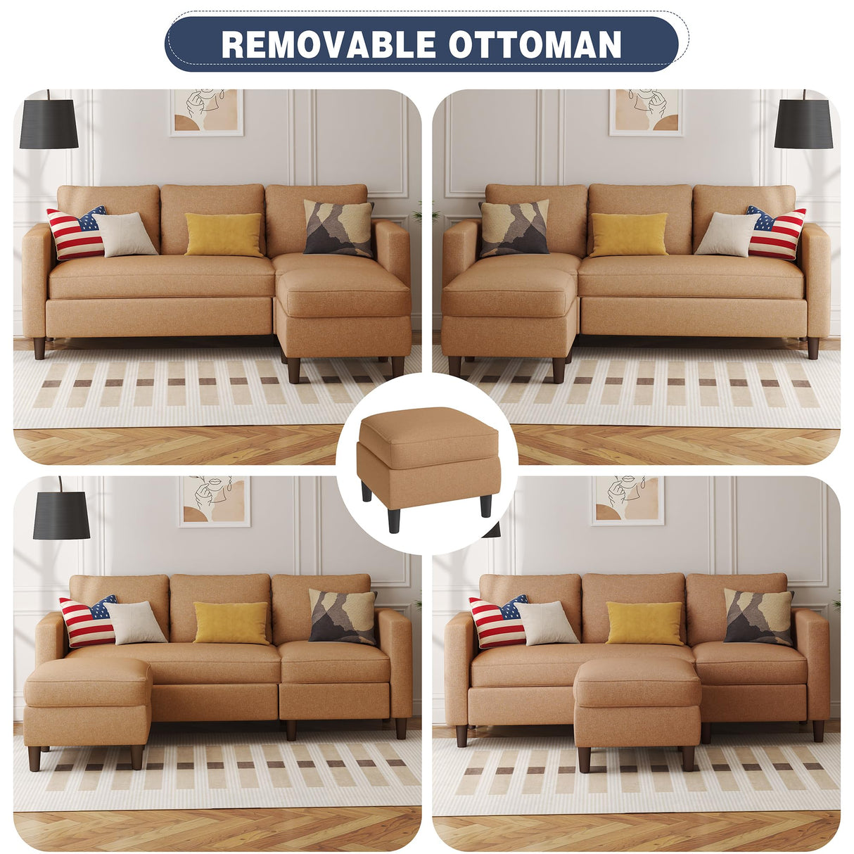 Shintenchi Small Sectional Couch Sofas, 3 Seat L Shape Sofa with Ottoman, Fabric Upholstered Convertible Sofa Couches, Small Couch for Apartments, Living Room and Office (Brown) Shintenchi