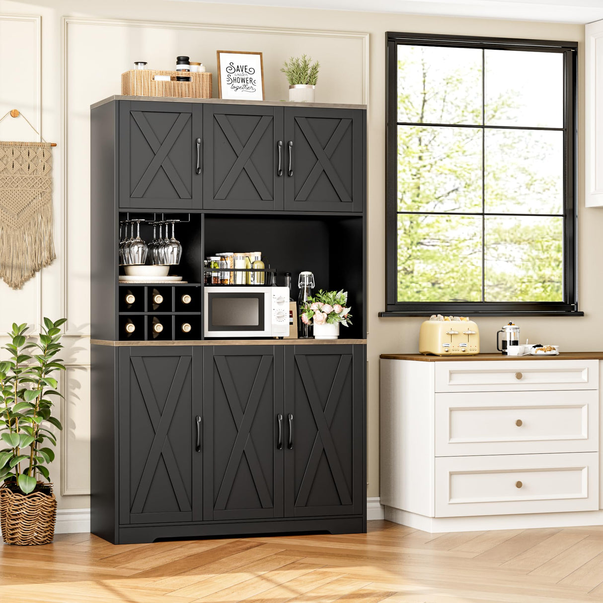 HOSTACK Kitchen Pantry Storage Cabinet, 71" Tall Food Pantry Cabinet with Microwave Stand, Farmhouse Kitchen Hutch Cabinet, Coffee Bar Hutch with Wine Rack for Dining Room, Living Room, Black HOSTACK