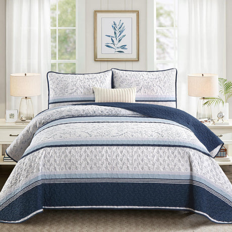 DJY Striped Quilt Set King Size, Navy Blue Boho Striped Patchwork Leaves Printed Bedspread Coverlet Set 3 Pieces Soft Lightweight Microfiber Quilted Bedding Set for All Season (104"x90") DJY