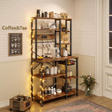 GRUSIGN Kitchen Bakers Rack with Storage, 6-Tier Coffee Bar Station with Power Outlet, Microwave Stand with 12 S-Shaped Hooks, Open Kitchen Storage Shelves for Spices, Pots and Pans, Rustic Brown GRUSIGN