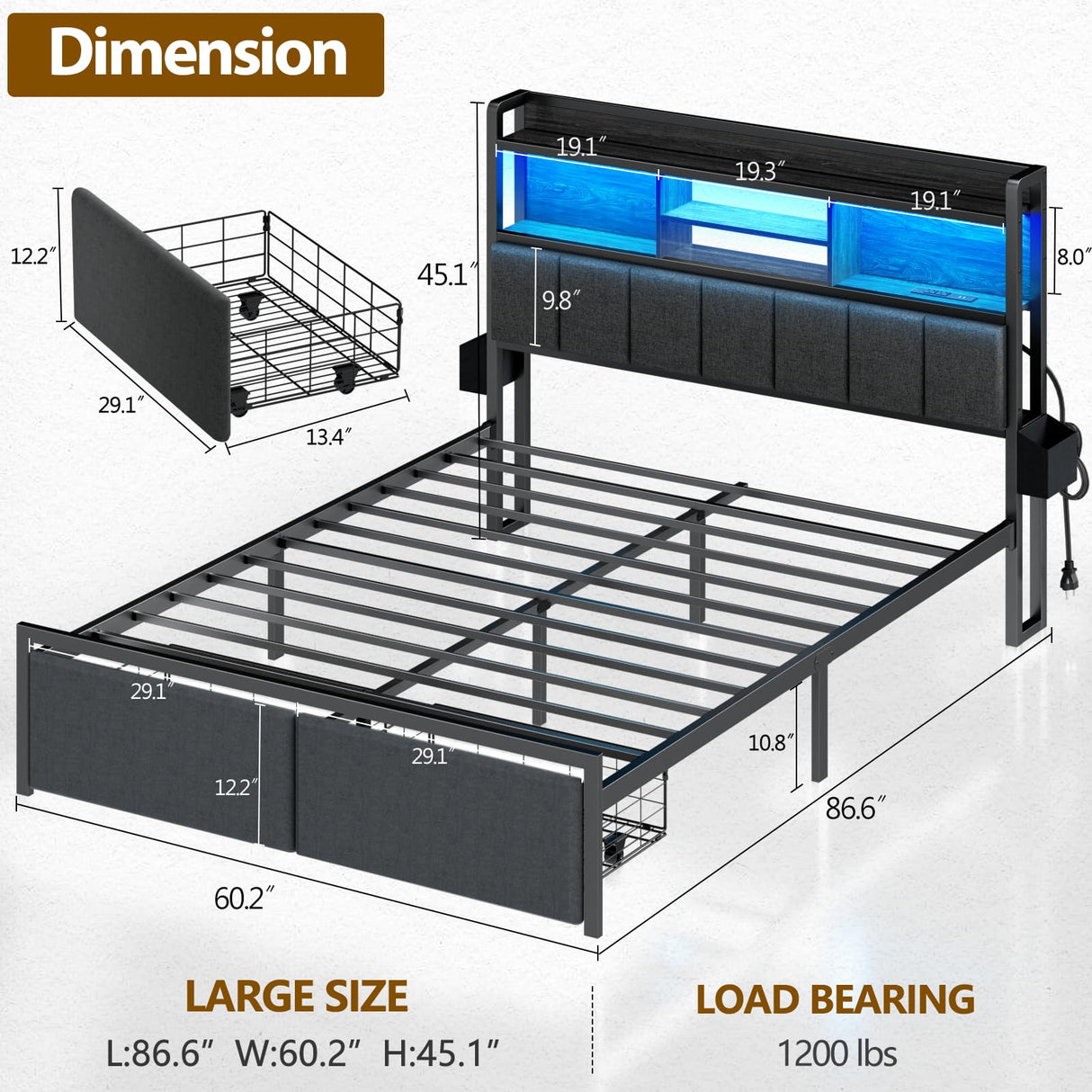 Furnulem Queen Bed Frame with Storage Drawers, Upholstered Headboard with Storage Shelf, LED Lights and Charging Station, Metal Platform Bed Frame Queen Size, Noise Free, No Box Spring Needed, Black Furnulem