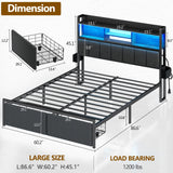 Furnulem Queen Bed Frame with Storage Drawers, Upholstered Headboard with Storage Shelf, LED Lights and Charging Station, Metal Platform Bed Frame Queen Size, Noise Free, No Box Spring Needed, Black Furnulem
