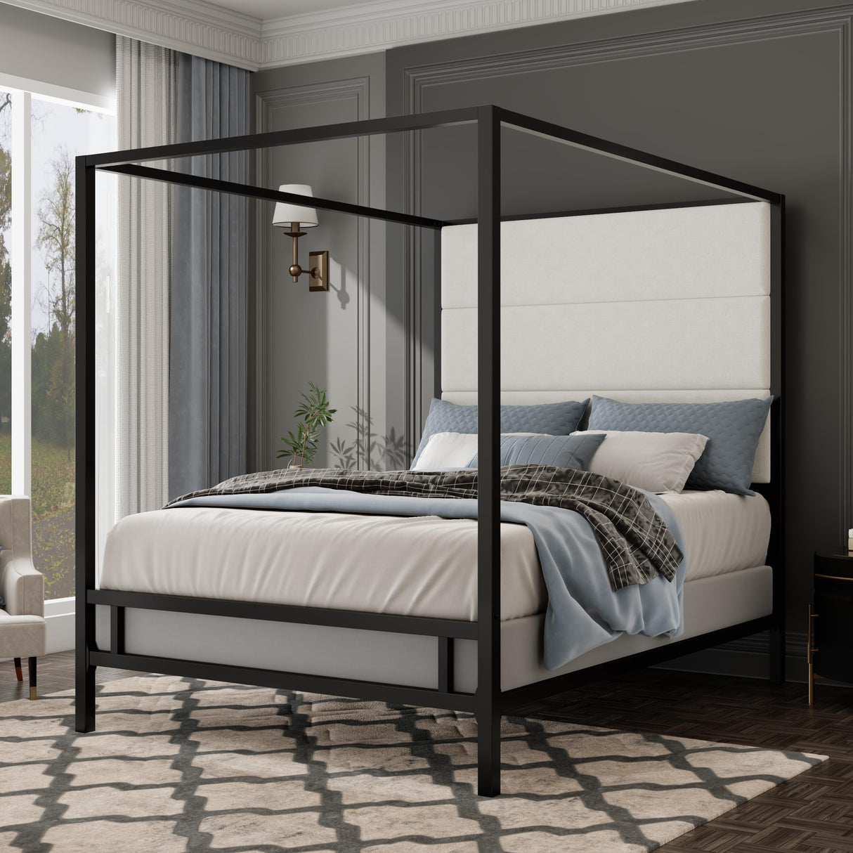 BEDGJH King Modern Canopy Bed Frame - Metal 4-Poster with Tall Linen Upholstered Headboard, Box Spring Required (Black,White, King) BEDGJH