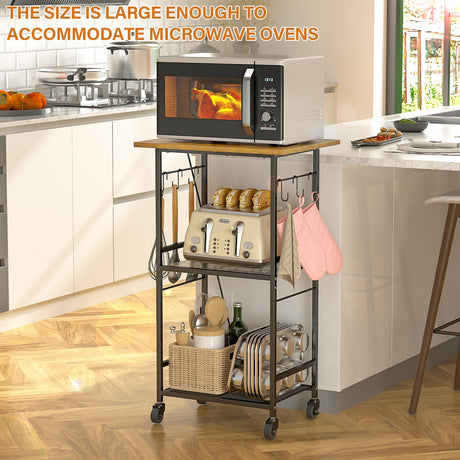 ThreeHio Rolling Kitchen Microwave Cart, 3 Tier Microwave Table Stand with Adjustable Shelf, Kitchen Storage Rack on Wheels, Coffee Station Cart Rack Shelf Organizer for Living Room Office, Balcony ThreeHio