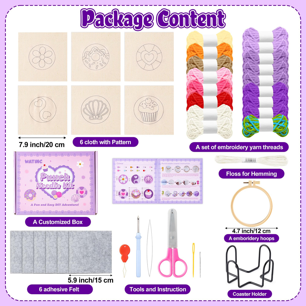 WATINC Punch Needle Coaster Kits - 23Pcs Easy Art Work Decor Craft Supply for Beginners, DIY Set of 6 Unique Pattern Tufted Pads with Adhesive Felt Yarns Tools Instruction Customized Boxes (Purple) WATINC