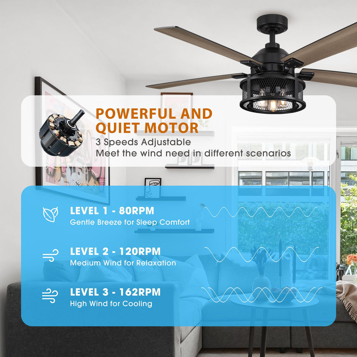 Ceiling Fans with Lights and Remote, 52 Inch Farmhouse Rustic Ceiling Fan for Bedroom Living Room, Black Outdoor Ceiling Fans with Caged Lights Chandelier, Reversible 5 Blades, Ventilador de Techo Parrot Uncle