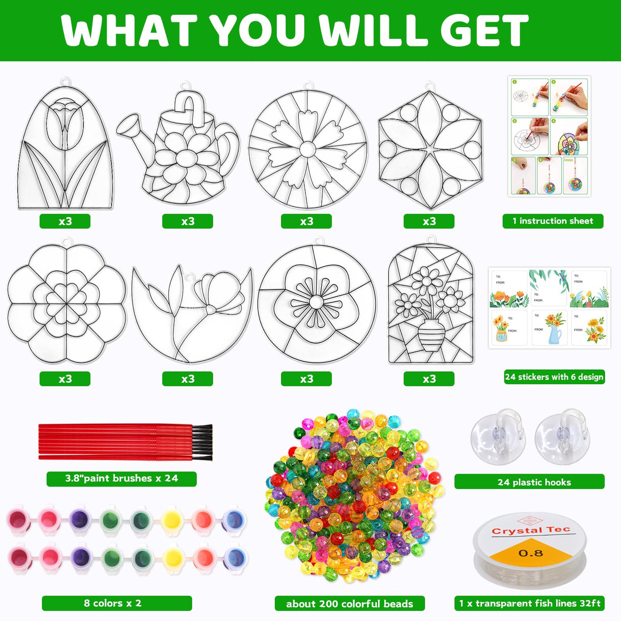 WorldBazaar Summer Flower Suncatchers Crafts for Kids 24 Sets DIY Window Painting Art Suncatchers Decoration Christmas Birthday Wedding Party Supplies WorldBazaar