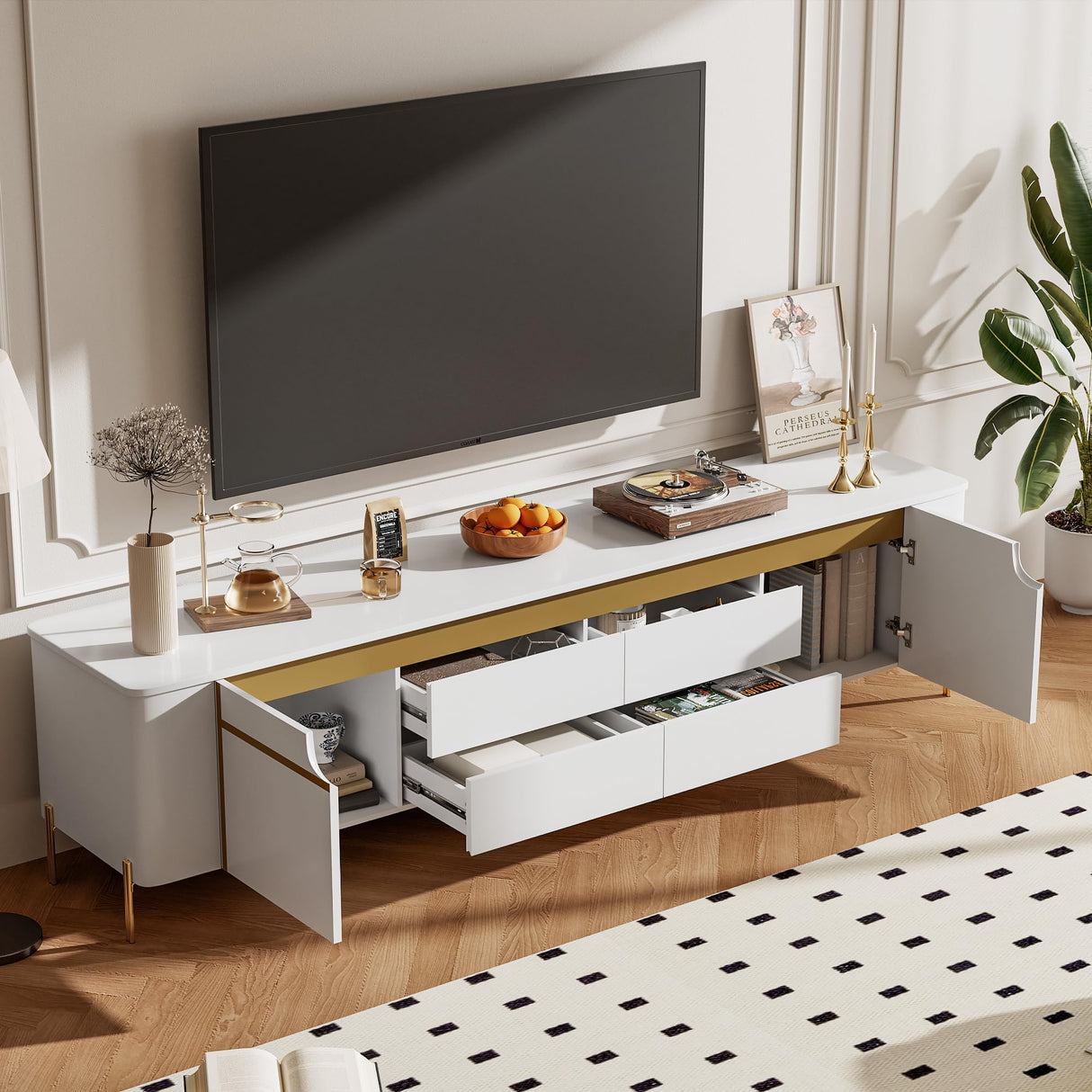 Merax Light Luxury Style 74.8'' TV Stand for TVs up to 80", Golden Decoration TV Cabinet with 4 Drawers and 2 Spacious Cabinets, Five Metal Legs for Living Room, White Merax