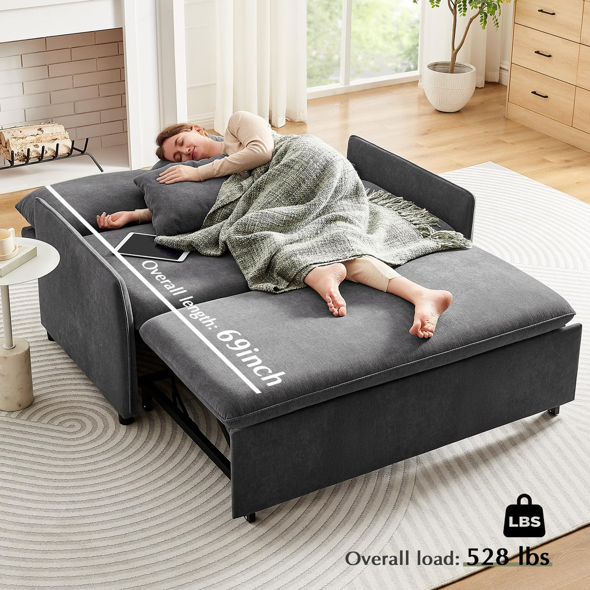 Zelimon Sleeper Sofa Bed, 3 in 1 Pull-Out Convertible Sofa Bed, 55'' Lounge Soft Futon Sofa with Adjustable Backrest, Chenille Couches for Living Room/Office/Apartment, Grey Zelimon