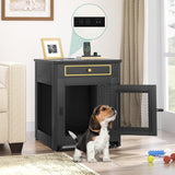 DWVO Dog Kennel Furniture with Dual USB Charger, Dog Crate End Table with Tray, Wooden Dog Crate Furniture with Cushion for Small Dogs, Black DWVO
