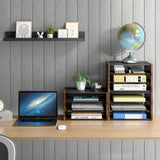 DAOUTIME 3-Tier Paper Organizer Letter Tray, Wooden Desk File Organizer, Stackable Metal Mesh Desk Organizer for A4 Printer Paper Storage. Small Paper Trays for Home Office School, Rustic Brown DAOUTIME