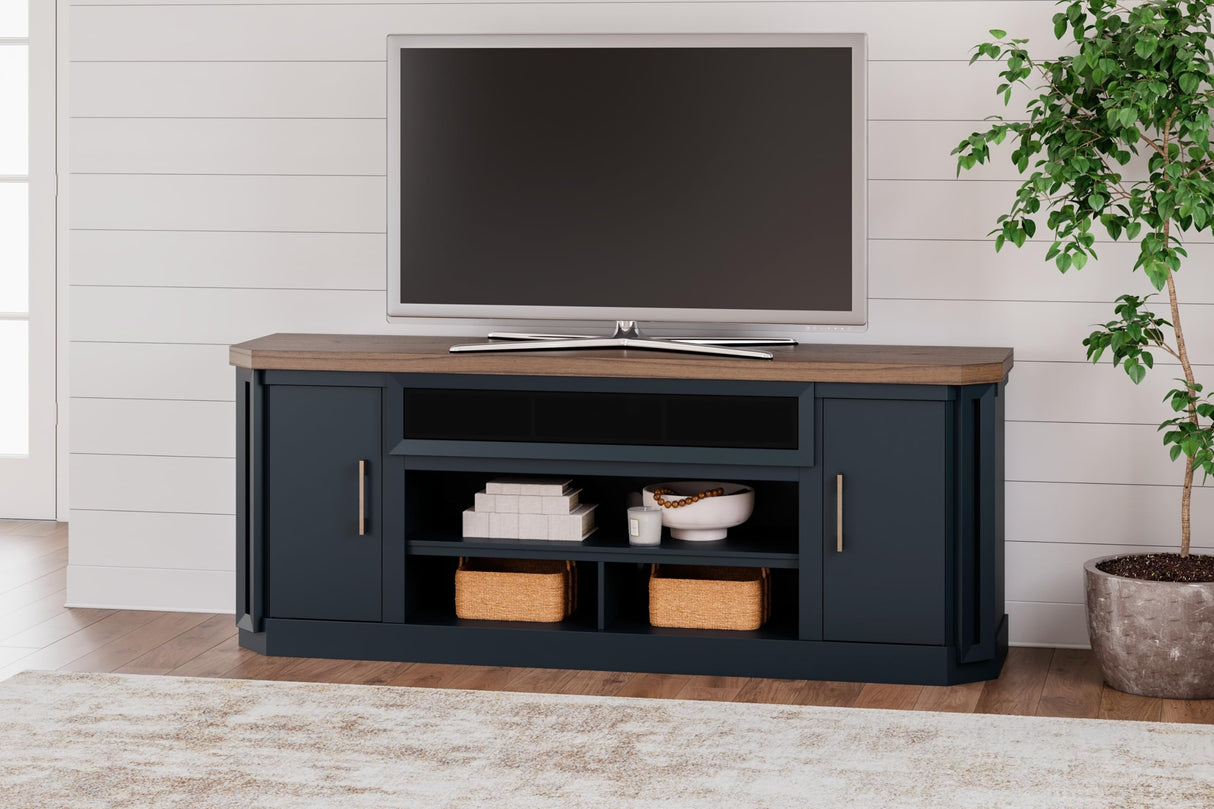 Signature Design by Ashley Landocken Contemporary 83" TV Stand for TVs up to 95" with Fireplace Option, 2 Cabinets, 2 Doors, 2 Adjustable Shelves, Open Cubbies and Cord Openings, Dark Brown & Blue Signature Design by Ashley
