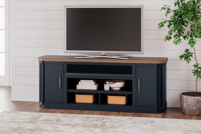 Signature Design by Ashley Landocken Contemporary 83" TV Stand for TVs up to 95" with Fireplace Option, 2 Cabinets, 2 Doors, 2 Adjustable Shelves, Open Cubbies and Cord Openings, Dark Brown & Blue