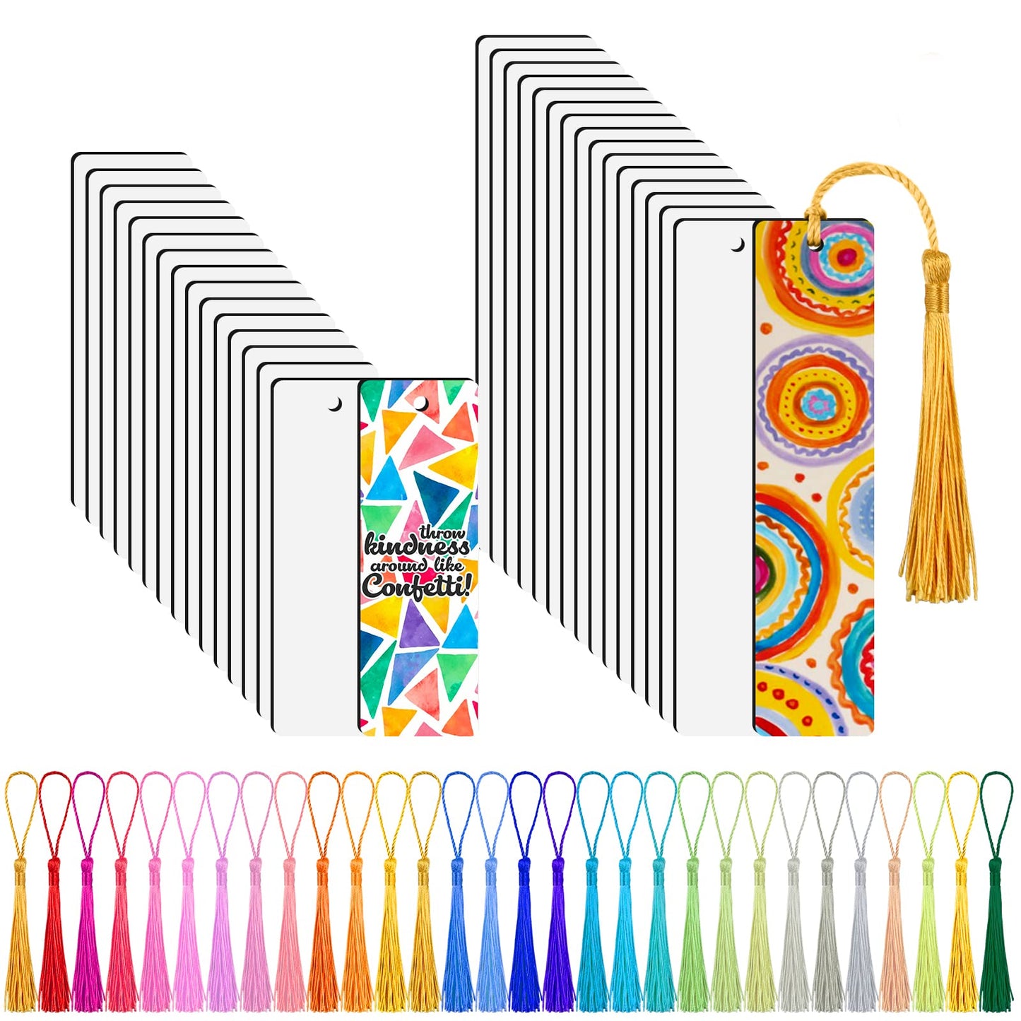 Juome 30 Pcs Sublimation Blanks Bookmark, Double Sided Printing Sublimation Blanks Products with 30 Pcs Colorful Tassels for DIY Bookmarks Crafts Projects Sublimation Accessories