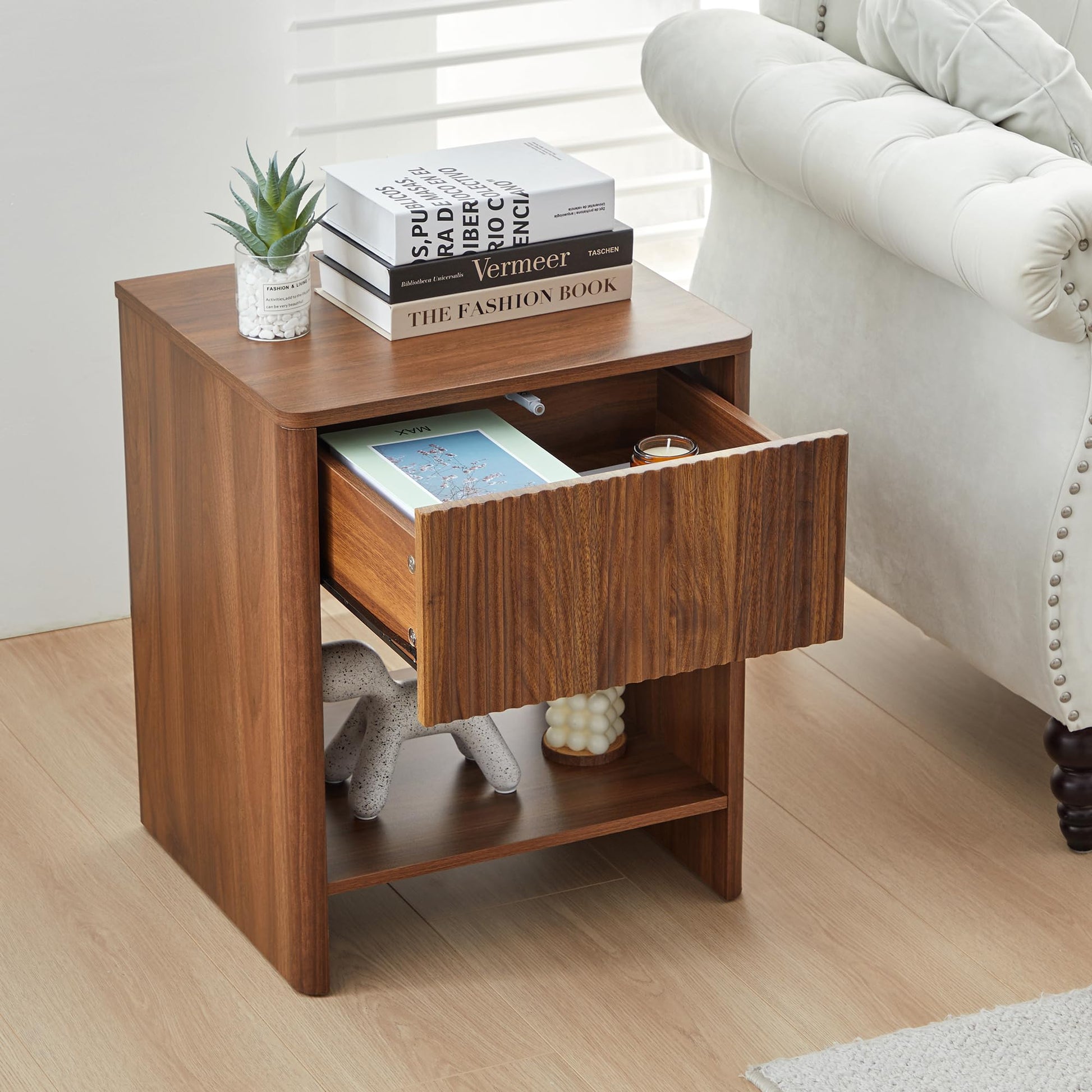 affeivul Mid Century Modern Night Stand Set 2 with Drawer, Farmhouse Nightstand for Bedroom, Small End Table with Storage, Living Room/Bed Side Table for Small Spaces, Fluted Cabinet Wood Nig - WoodArtSupply