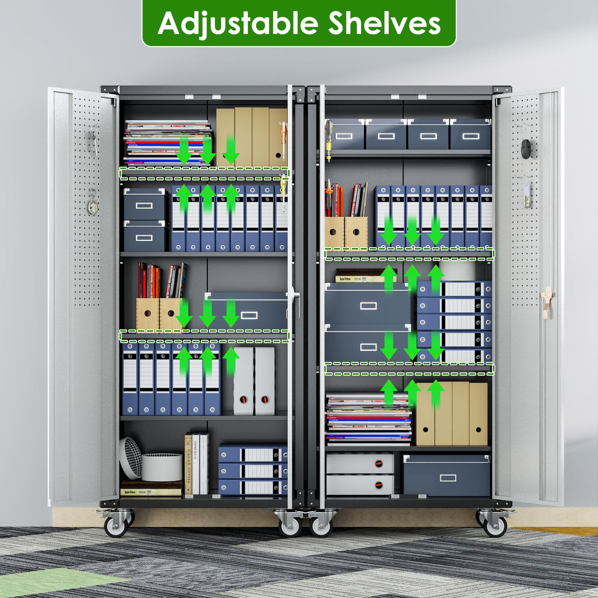 JAORD Garage Storage Cabinets with Wheels and Pegboard,Rolling Metal Storage Cabinets with 2 Locking Doors and 4 Adjustable Shelves for Garage, Home, Assembly Required JAORD