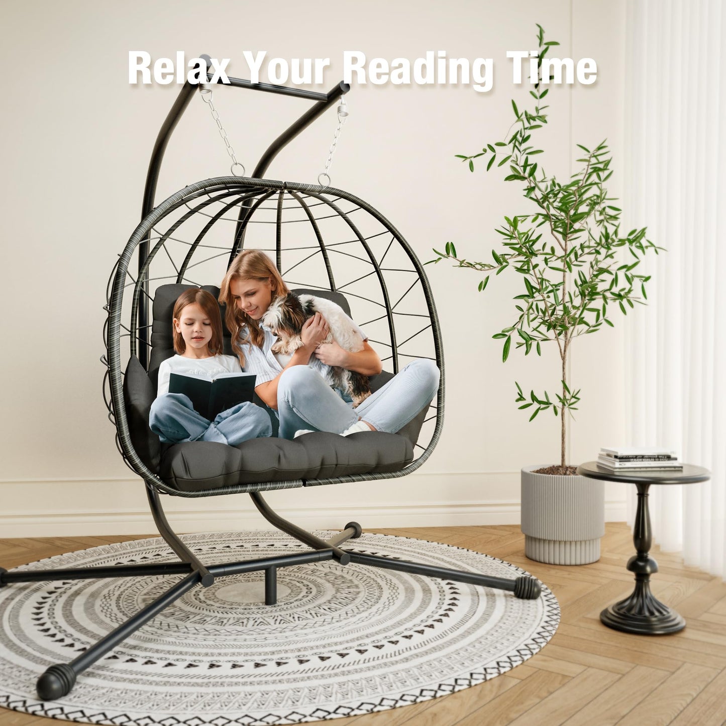 Pamapic Double Swing Egg Chair,Love Seat Proch Swing Egg Chair, 700 LBS Hanging Egg Chair with UV Resistant Wicker, Patio Furniture Waterproof Cushions Hammock Chair with Stand and Armrest, Gray