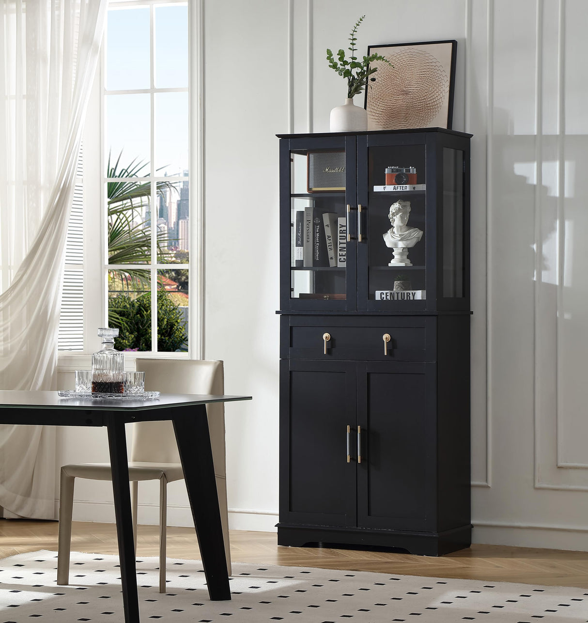 FOREST GRAVITY 71''Tall Pantry Cabinet,Kitchen Pantry,LED Lighting Display Cabinet,a Drawer,3 Adjustable Shelves,Pantry for Dining Room and Kitchen 3 Side Panels of Glass for Better Showcase,Black FOREST GRAVITY