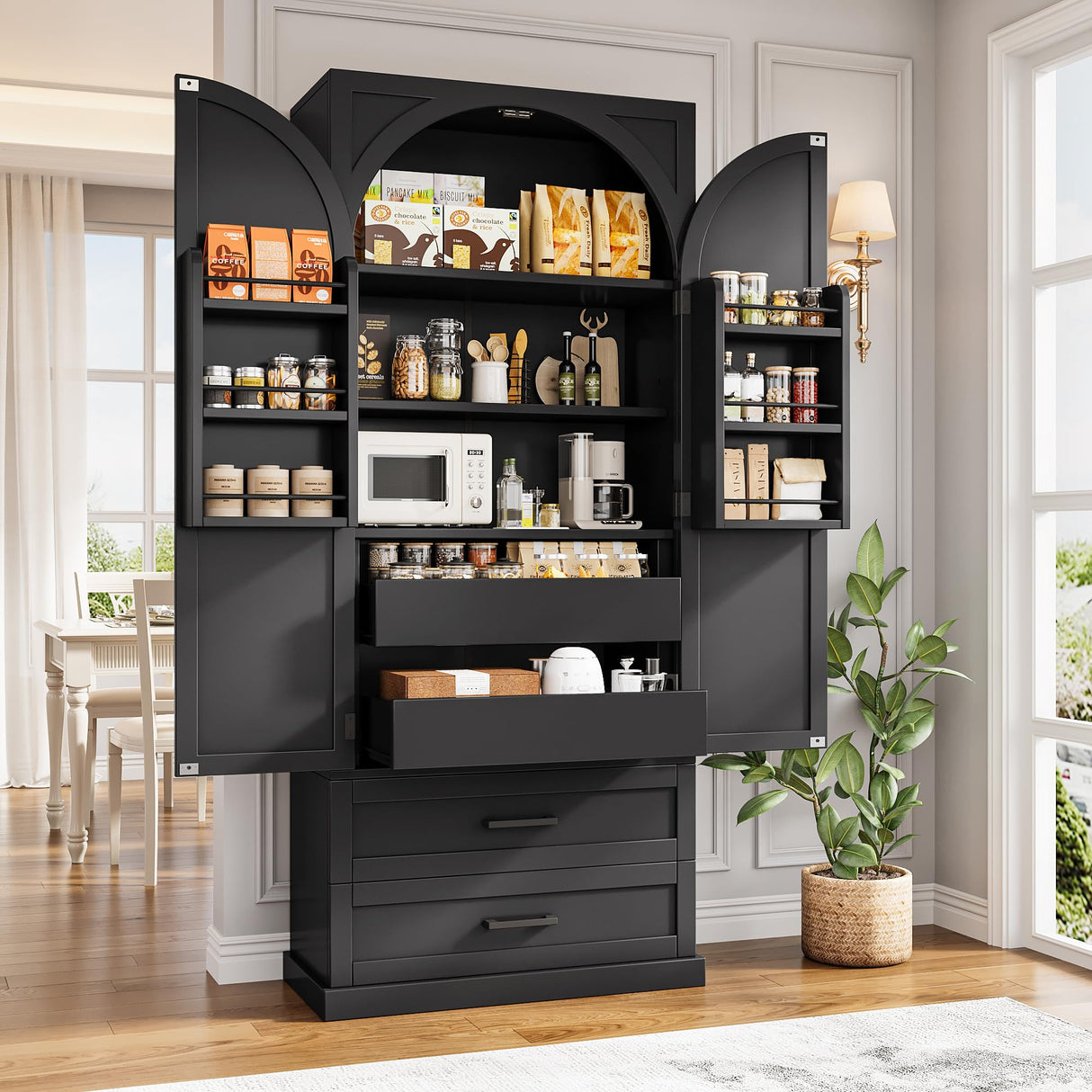 iPormis 71" Tall Kitchen Pantry Storage Cabinet w/Adjustable Shelf, Large Drawers & Door Shelves, Freestanding Kitchen Cupboard for Dining Room/Living Room, Black iPormis