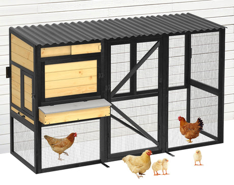 TRYKERPET Chicken Coop for 2-4 Chickens, Three-Sided Wooden Chicken Coop, Chicken House with Nesting Box, 5 Doors, Pull-Out Tray, Suitable for Backyard, Black&Yellow TRYKERPET
