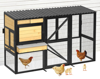TRYKERPET Chicken Coop for 2-4 Chickens, Three-Sided Wooden Chicken Coop, Chicken House with Nesting Box, 5 Doors, Pull-Out Tray, Suitable for Backyard, Black&Yellow