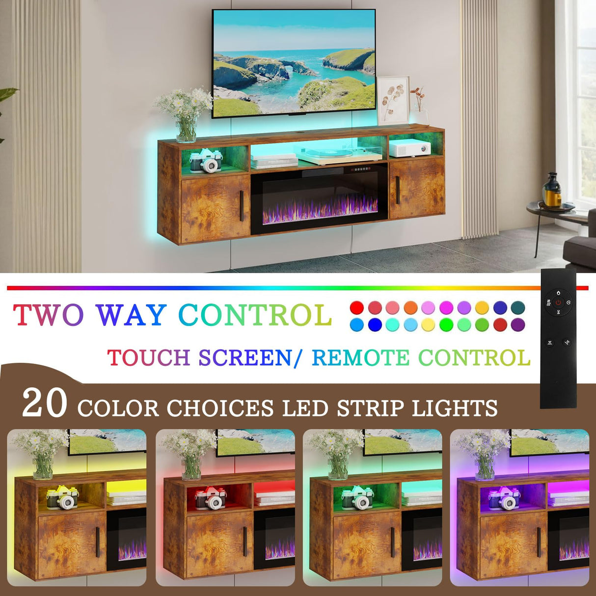 PRETZI Floating Fireplace TV Stand, 70" Wall Mounted Entertainment Center with 36" Fireplace for TVs Up to 80", LED Modern Wood TV Console with High Gloss Cabinet for Living Room (Brown) PRETZI