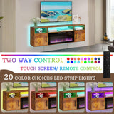 PRETZI Floating Fireplace TV Stand, 70" Wall Mounted Entertainment Center with 36" Fireplace for TVs Up to 80", LED Modern Wood TV Console with High Gloss Cabinet for Living Room (Brown) PRETZI