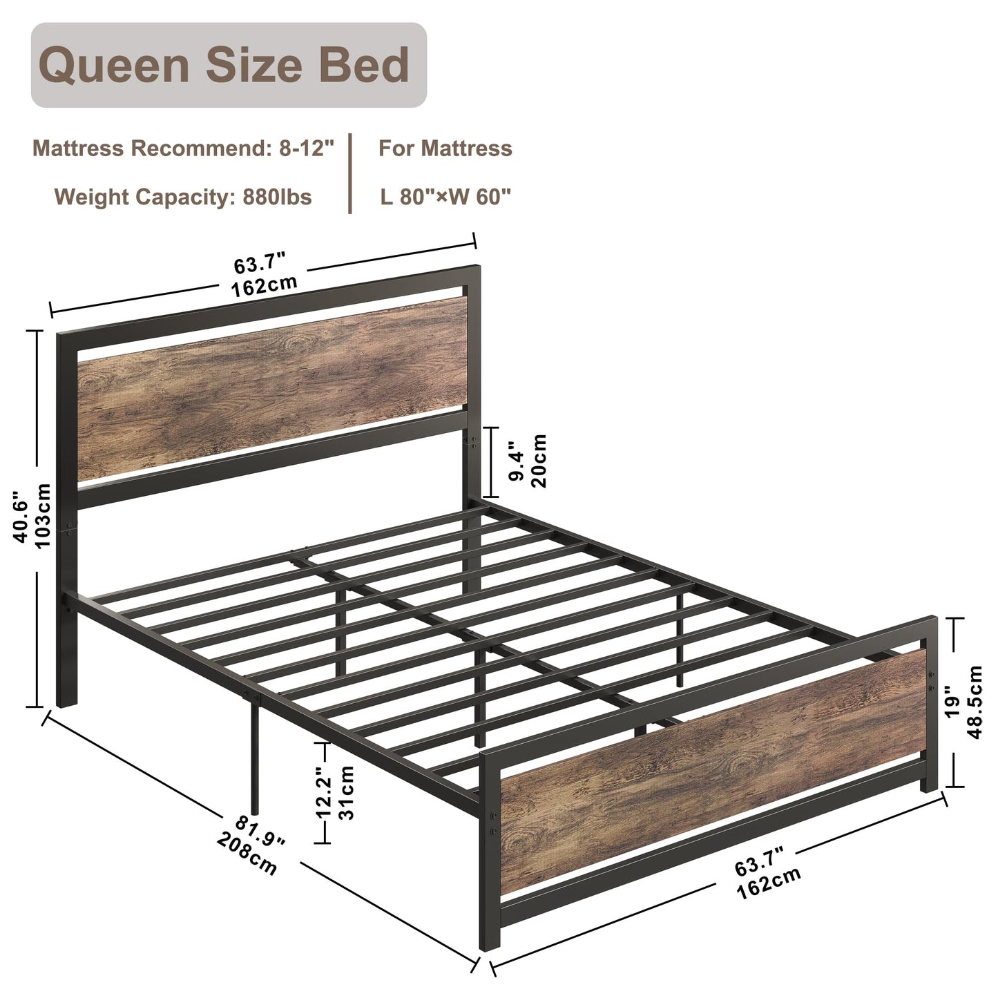 LIKIMIO Walnut Queen Bed Frame with Headboard and Under Bed Storage - Sturdy and Easy Assembly - WoodArtSupply