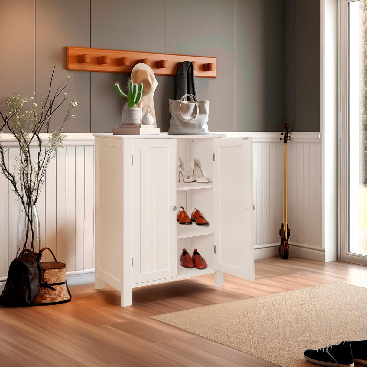 ZENY Bathroom Floor Storage Cabinet with Double Door + Adjustable Shelf, Wooden Organizer Cabinet for Living Room, Bathroom, Bedroom, Modern Home Furniture (White) ZENY