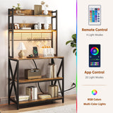 Yaheetech Kitchen Bakers Rack with Power Outlet & LED Lights, 5 Tiers Coffee Bar Table with 8 S Hooks, 64 Inches Tall Microwave Oven Stand with Storage for Spices, Pots, Rustic Brown Yaheetech