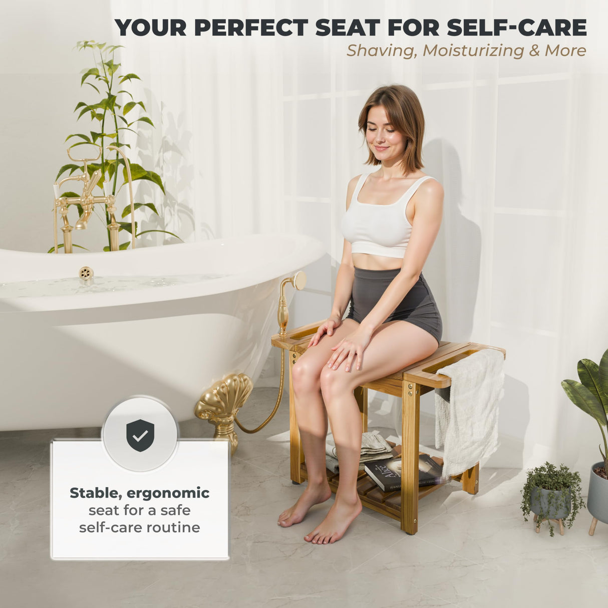 LotusSway Teak Shower Bench Seat with Storage Shelf, Wood Shower Benches for Inside Shower to Sit on, Teak Shower Stool & Spa for Elderly with Shower Head Holder & Built in Handle for Bathroom/Outdoor LotusSway