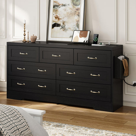DWVO Farmhouse 7 Drawer Dresser for Bedroom, Large Modern Dresser TV Stand with Large Drawers & Bar Handles, Storage Dressers with Power Outlets, Rustic Wood Chest of Drawers, Black DWVO
