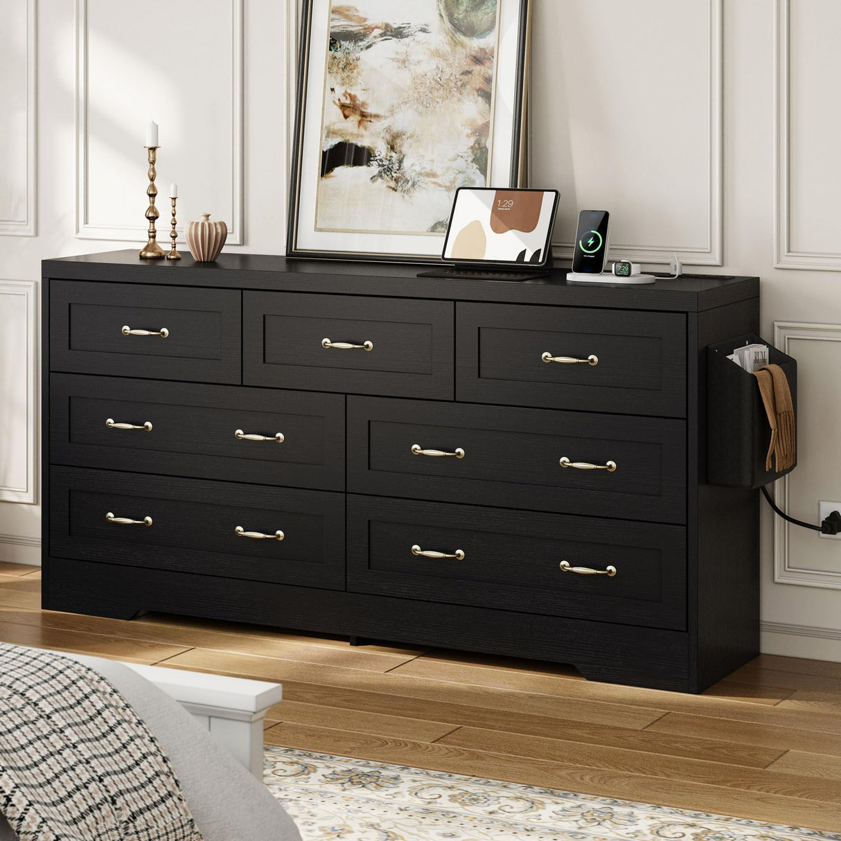DWVO Farmhouse 7 Drawer Dresser for Bedroom, 59" Wide Large Modern Dresser TV Stand with Drawers & Bar Handles, Storage Dressers with Power Outlets, Rustic Wood Chest of Drawers, Black DWVO