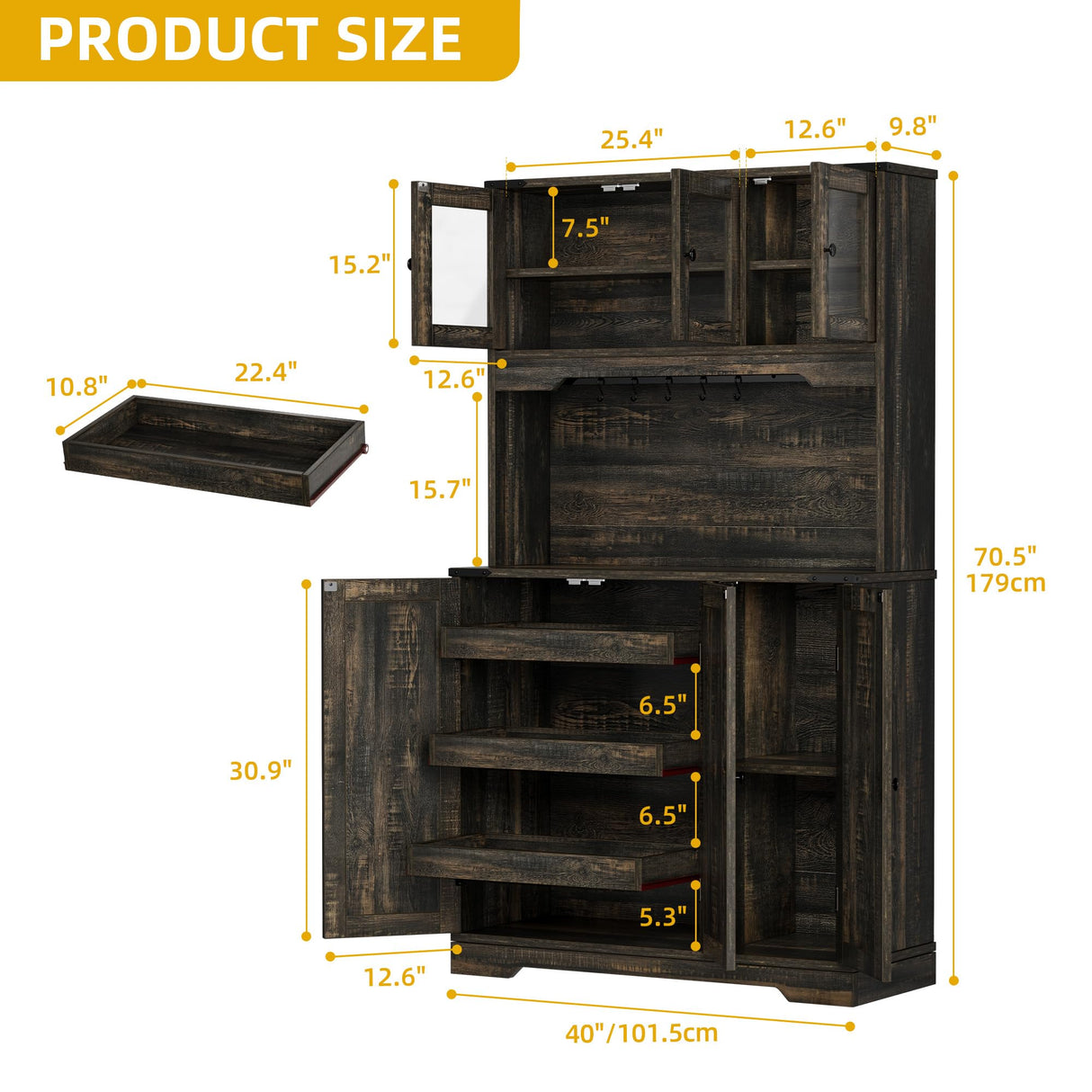 DWVO 71" Tall Kitchen Pantry Storage Cabinet with Charging Station, Kitchen Hutch Cabinet with Storage Drawers, Farmhouse Freestanding Cupboard Cabinet for Dining Room,Dark Rustic Oak DWVO