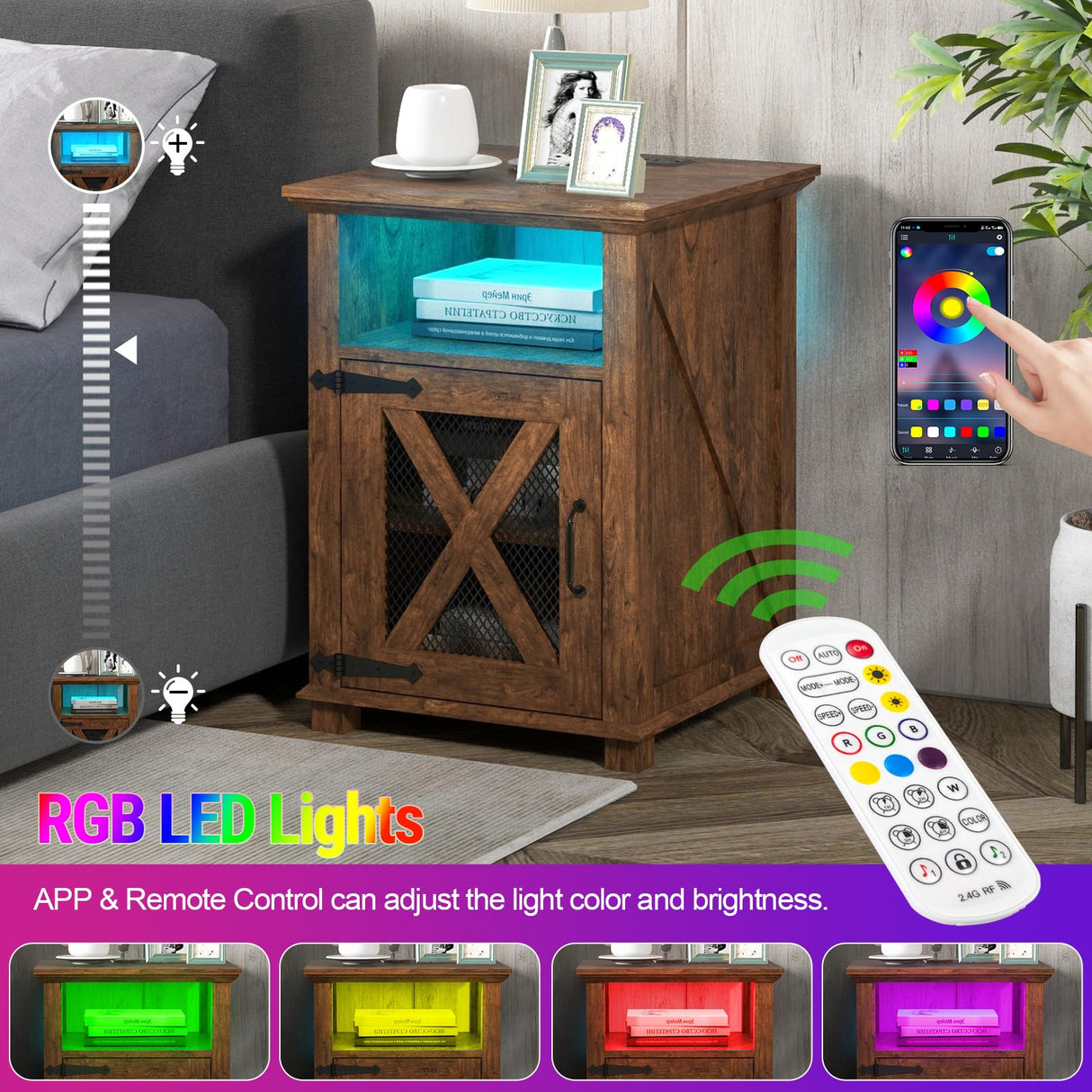 Livofloral Farmhouse Night Stands with Charging Station, End Tables with LED Lights, Bedside Table with Charger Station, Side Tables for Living Room with Storage & Barn Door, Rustic Brown End Table Livofloral