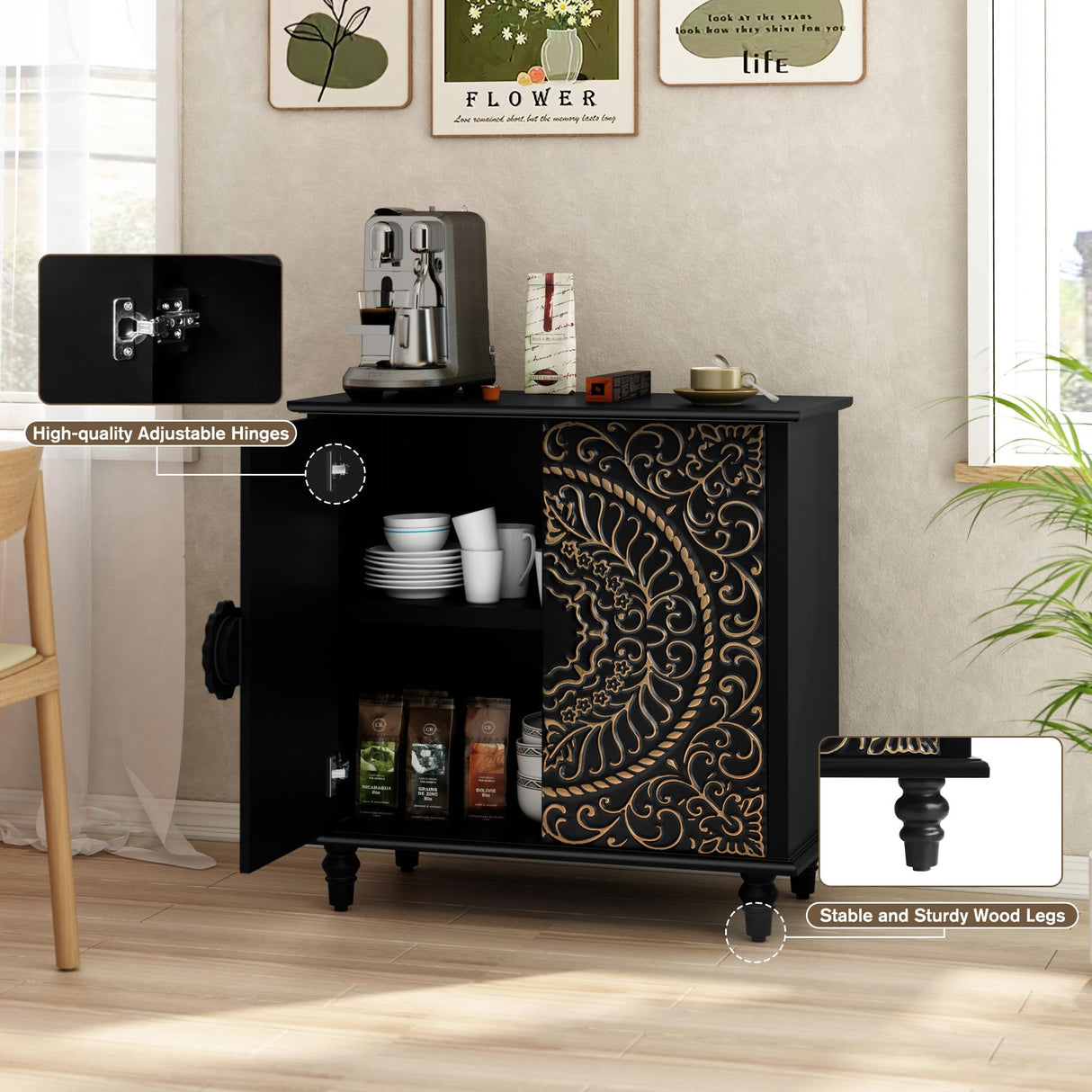 ARTPOWER Accent Cabinet with 2 Doors, Decorative Storage Cabinet with Carved Flower Pattern, Black Sideboard Buffet Cabinet, Wood Credenza with Storage for Entryway, Living Room, Kitchen, Dining Room ARTPOWER