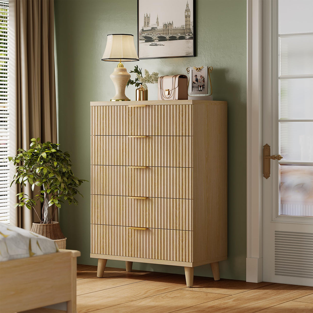 Lulive Dresser for Bedroom Wood Tall Dressers Drawers, Fluted Modern Dresser 5 Drawers Natural Lulive