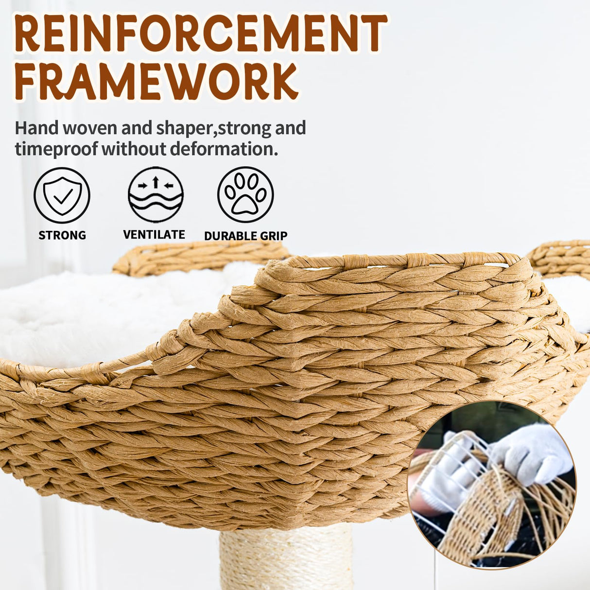 Big Modern Design Cat Tree Tower with White Cloud Mat, Unique Cat Supplies Tower with Scratching Post, Cute Wood Cat Tree Cat Furniture Activity Centre for Indoor Big Cats SHODMI