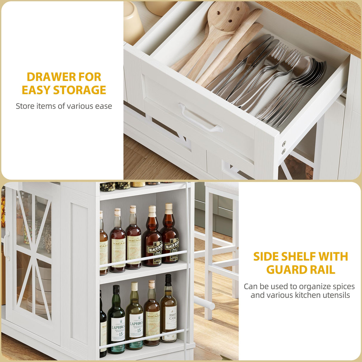 DWVO Kitchen Island Set with 2 Stools and Drop Leaf 3 Piece Kitchen Dining Table Set, 47 Inch Kitchen Island with Seating, Storage Cabinet on Wheels with Power Outlet, Spice Rack (White Oak) DWVO