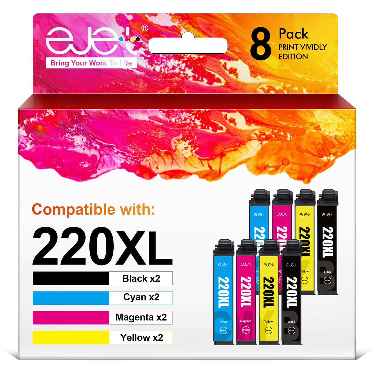 ejet Ink Cartridge Replacement for Epson 220 XL Combo Pack 220XL Ink Cartridges for Epson Printer WF-2630 WF-2650 WF-2660 WF-2750 XP-420 XP-320 (2 Black, 2 Cyan, 2 Magenta, 2 Yellow), Remanufcatured ejet