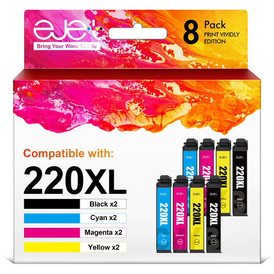 ejet Ink Cartridge Replacement for Epson 220 XL Combo Pack 220XL Ink Cartridges for Epson Printer WF-2630 WF-2650 WF-2660 WF-2750 XP-420 XP-320 (2 Black, 2 Cyan, 2 Magenta, 2 Yellow), Remanufcatured