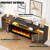 LEMBERI Floating Fireplace TV Stand 70'' Wall Mounted Shelf, LED Light Entertainment Center and Storage, Modern Wood Media TV Console with Highlight Cabinet for Living Room (Black) LEMBERI