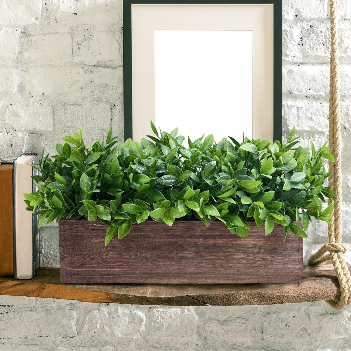Winlyn 14" Artificial Boxwood Plants in Rectangular Wood Planter Farmhouse Greenery Arrangement Centerpiece Faux Potted Herb Plant for Wedding Dining Room Table Kitchen Windowsill Mantel Shelf Décor Winlyn
