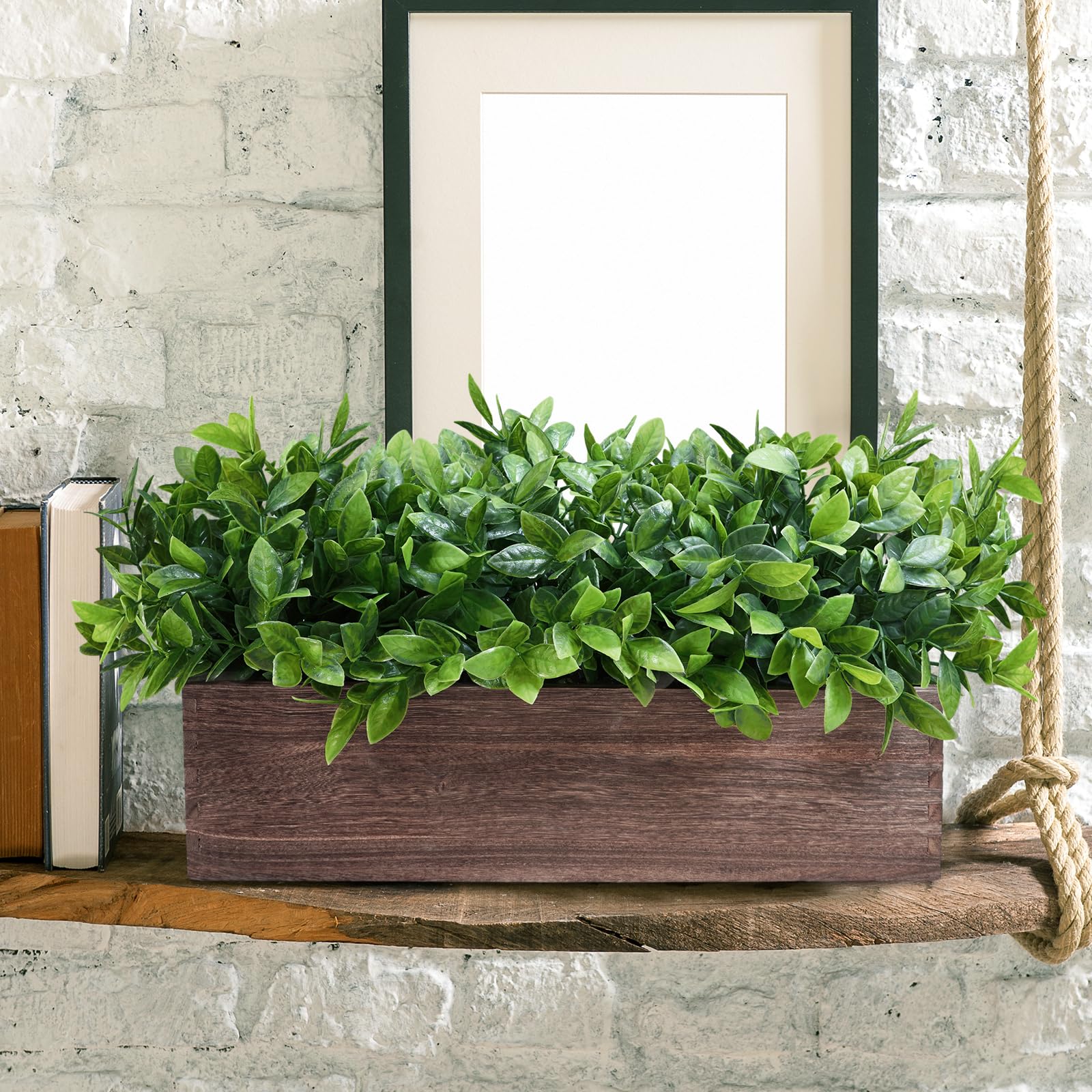 Winlyn 14" Artificial Boxwood Plants in Rectangular Wood Planter Farmhouse Greenery Arrangement Centerpiece Faux Potted Herb Plant for Wedding Dining Room Table Kitchen Windowsill Mantel Shel - WoodArtSupply