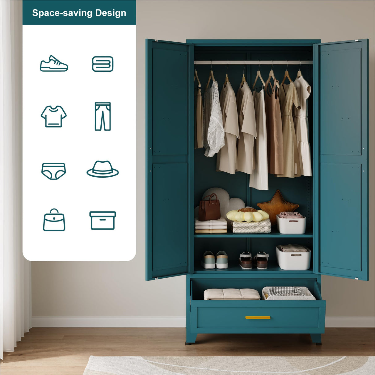 QINPTWUT 71" Large Capacity Metal Wardrobe with 1 Drawers and Adjustable Shelf - Heavy Duty Steel Storage Cabinet for Bedroom, Office,Laundry Room,Bedroom and More (Blue, 71" - 1 Drawer) QINPTWUT