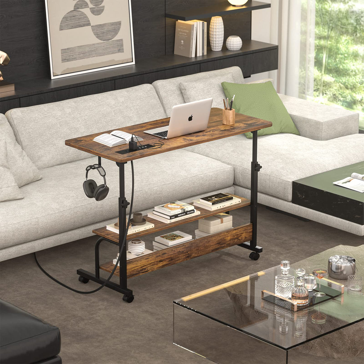 Height Adjustable Standing Desk with Power Outlets, 32" Manual Stand Up Desk with Storage Shelves Small Mobile Rolling Computer Desk Portable Laptop Table with Wheels for Home Office, Rustic armocity