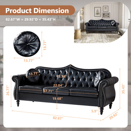RUSTYER Chesterfield Three Seater Sofa, Mid-Century Modern Faux Leather 3-Seater Upholstered Couch, Tufted Living Room Sofa with 2 Pillows and Button Nailhead, Black RUSTYER