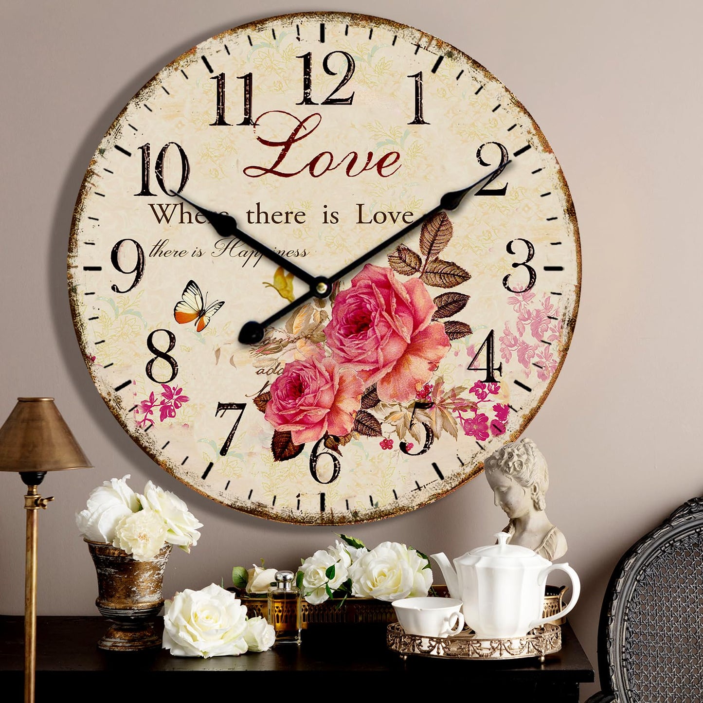 Eruner 24 Inch Wooden Wall Clocks Love Rose Vintage Wall Clock Large Farmhouse Clocks French Clocks Retro Rustic Wall Clock Silent Scan Non-Ticking for Home Living Room Bedroom Kitchen - WoodArtSupply