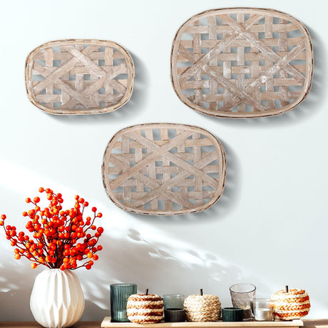 Maxcheck 3 Pcs Rustic Tobacco Baskets Decoration Rustic Vintage Woven Wooden Basket Farmhouse Wooden Nesting Trays Decorative Basket for Home Rustic Kitchen(18.9 x 12.6'', 15 x 11'', 12.6 x 8.7'') Maxcheck
