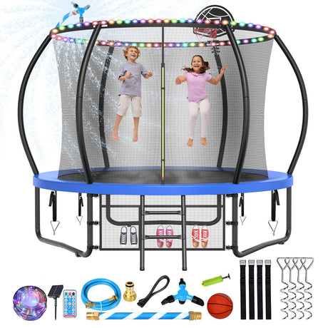 Lyromix 10FT Upgrade Outdoor Trampoline for Kids and Adults, Heavy Duty Trampolines with Lights, Recreational Trampolin with Net and Basketball Hoop, Sprinkler & Stakes Lyromix